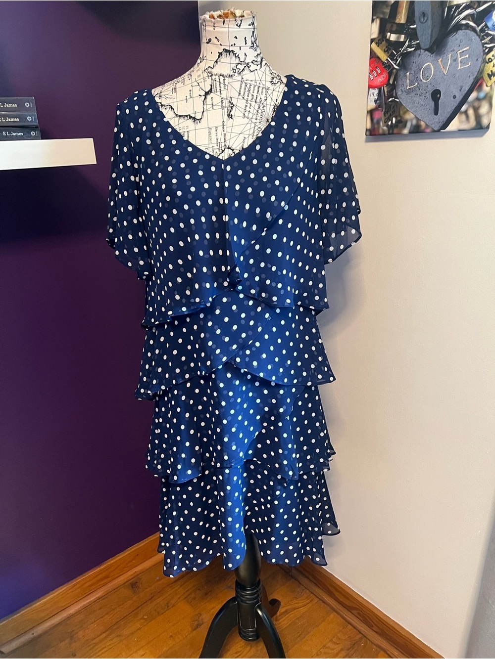 SLNY Plus Size Navy and White Polka Dot Tiered Midi Dress